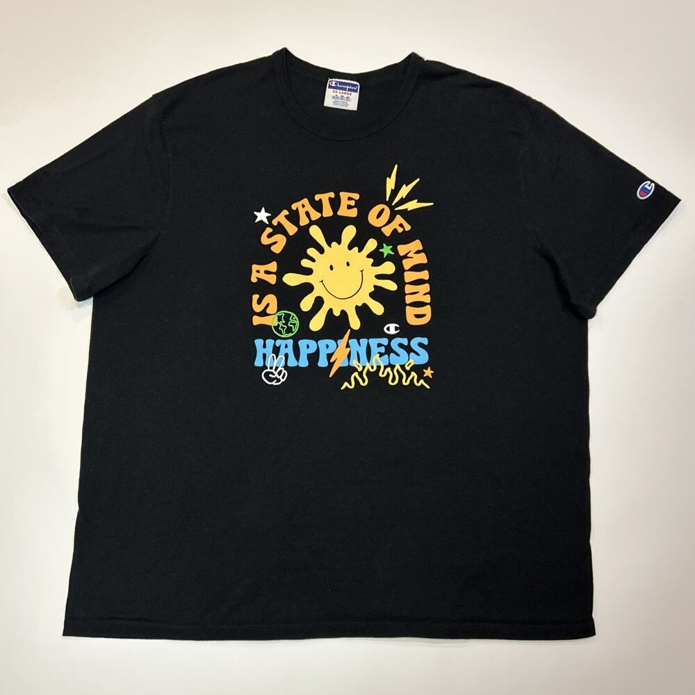 Champion Shirt Mens Size 2XL XXL Black Happiness Logo Tee Short Sleeve